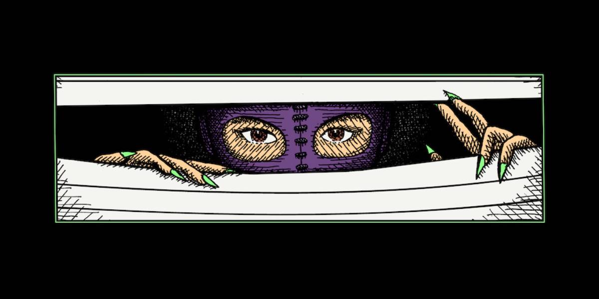 Illustration of woman wearing BDSM outfit peering through blinds